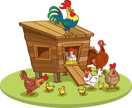 Téléchargez les illustrations : Illustration vectorielle de heureux animaux de ferme de dessin animé avec du poulet - en licence libre de droit
