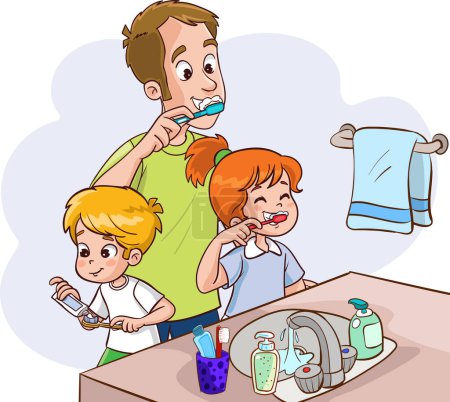 Téléchargez les illustrations : Illustration d'un père et de ses deux fils dans une salle de bain - en licence libre de droit