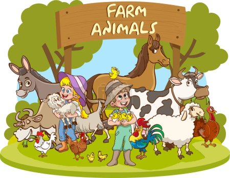 Ilustración de Dibujos animados ilustración vectorial de animales de granja felices. - Imagen libre de derechos