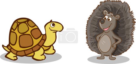 Téléchargez les illustrations : Vecteur de dessin animé tortue et hérisson - en licence libre de droit