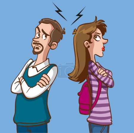 Illustration for Concept of divorce, misunderstanding in family. Angry man and offended woman standing separately from each other. Relationship break up, crisis. Vector illustration in flat cartoon style. - Royalty Free Image