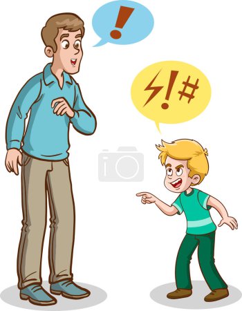 Illustration for Caricature Illustration of Father Talking to Son Angry with Speech Bubbles - Royalty Free Image