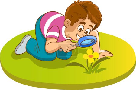 Illustration for Boy examining plants with a magnifying glass Vector cartoon illustration - Royalty Free Image