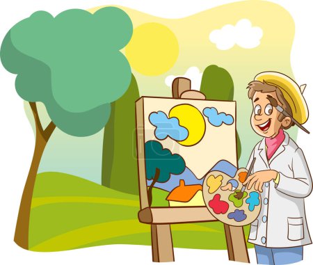 Téléchargez les illustrations : Artiste enfants peinture sur toile avec des icônes d'art. conception de caractère. Illustration vectorielle des personnes créatives - en licence libre de droit