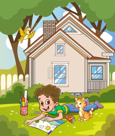Illustration for Children paintig on the background of a house. Vector cartoon illustration - Royalty Free Image