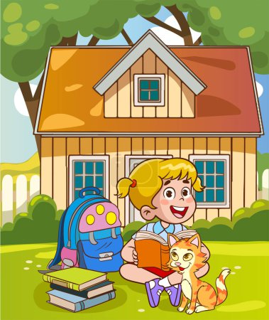 Illustration for Children reading books in front of the house. Vector cartoon illustration. - Royalty Free Image