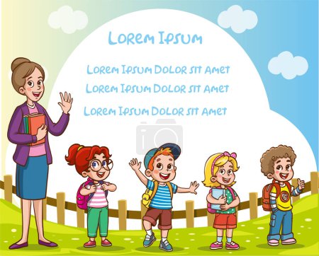Illustration for Kids students and teacher drawing in the park vector illustration with place for your text. - Royalty Free Image