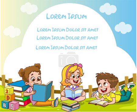 Illustration for Kids student drawing in the park vector illustration with place for your text. - Royalty Free Image