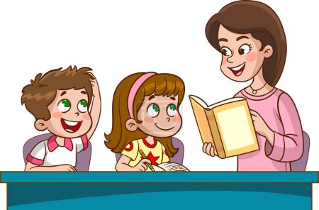 Illustration for Happy cute kids and teacher school vector. teacher and cute students doing lesson together at table. - Royalty Free Image