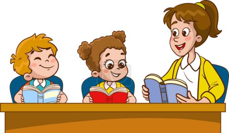 Ilustración de Feliz lindo niños y maestro escuela vector. profesor y lindo estudiantes haciendo lección juntos en la mesa. - Imagen libre de derechos