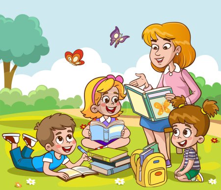 Ilustración de Maestra leyendo libros para niños.Niños y maestros en el parque vector ilustración - Imagen libre de derechos