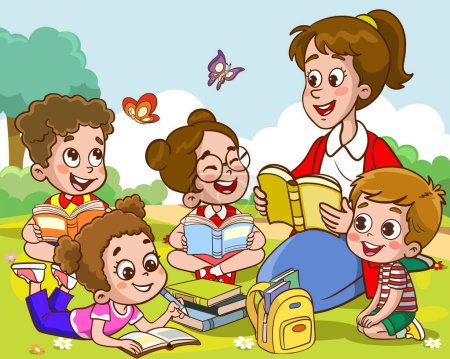 Ilustración de Maestra leyendo libros para niños.Niños y maestros en el parque vector ilustración - Imagen libre de derechos