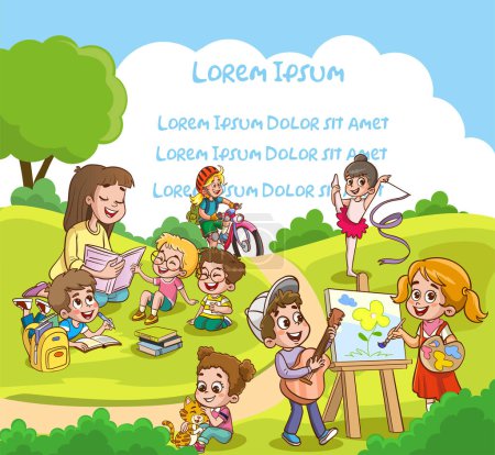 Illustration for Group children playing, spending time in games, having fun, fooling around. Summer activities. Children in park,summer camp.teacher,Mum reading book to children. - Royalty Free Image