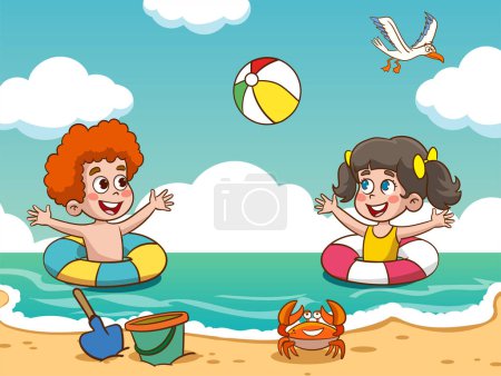 Téléchargez les illustrations : Enfants mignons s'amuser dans le vecteur de la mer - en licence libre de droit