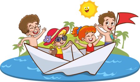 Téléchargez les illustrations : Enfants mignons s'amuser dans le vecteur de la mer - en licence libre de droit