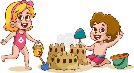 Ilustración de Niños haciendo castillo de arena en la playa - Imagen libre de derechos