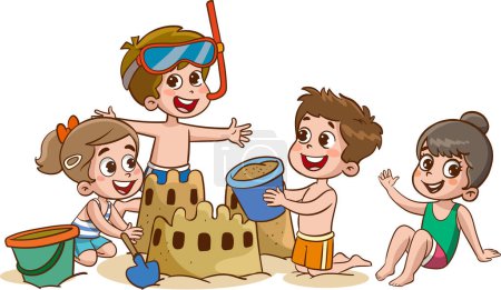 Ilustración de Niños haciendo castillo de arena en la playa - Imagen libre de derechos