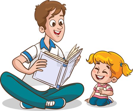 Ilustración de Niños lindos y padre leyendo juntos.Profesor leyendo libros a los niños. - Imagen libre de derechos