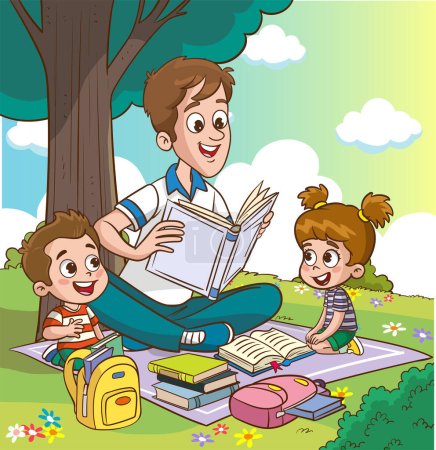 Illustration for Cute kids and father reading together.Teacher reading books to children. - Royalty Free Image