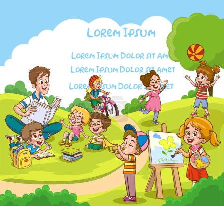 Illustration for . The teacher is reading a book to the children in the parkhappy kids reading book together. kids activities at the summer camp - Royalty Free Image