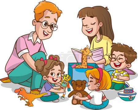 Téléchargez les illustrations : Famille de quatre personnes à la maison avec jouets - en licence libre de droit