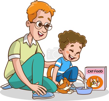 Ilustración de Father and children love cats and give food.feed stray animals. - Imagen libre de derechos