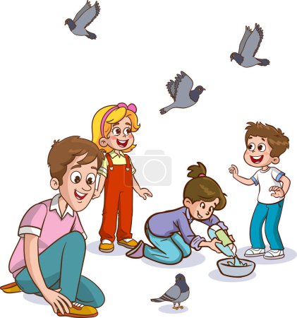 Téléchargez les illustrations : Illustration of children and birds.children feeding the birds - en licence libre de droit