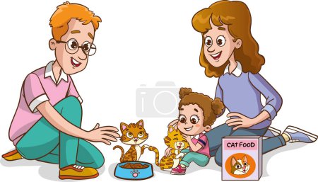 Téléchargez les illustrations : A happy family with their pets.family feeding cat - en licence libre de droit