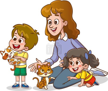 Illustration for A happy family with their pets.family feeding cat - Royalty Free Image