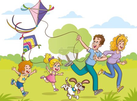 Téléchargez les illustrations : Illustration d'une famille heureuse faisant un saut sur une prairie avec un cerf-volant - en licence libre de droit
