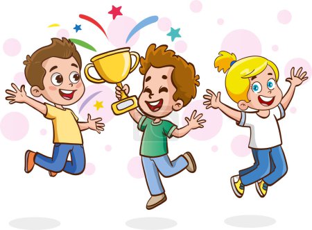 Téléchargez les illustrations : Heureux enfants avec trophée tasse dessin animé vecteur - en licence libre de droit