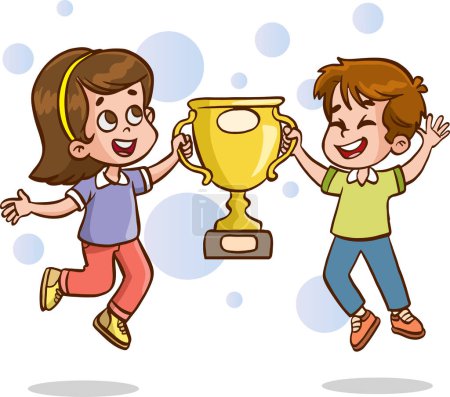 Téléchargez les illustrations : Illustration d'un garçon et d'une fille tenant une coupe trophée et un signe gagnant - en licence libre de droit