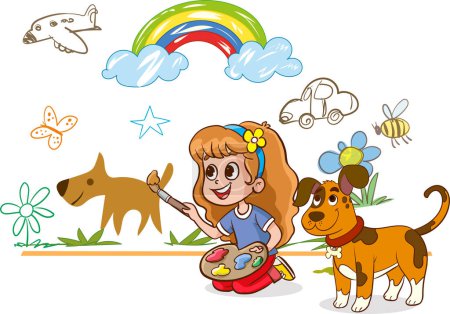 Illustration for Kindergarten. Boys and girls drawing picture doodles on the walls. Children draw with felt tip, paints and crayons. - Royalty Free Image