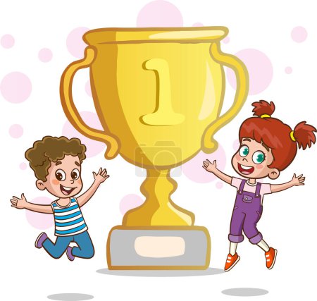 Illustration for Happy cute kid boy win game gold trophy - Royalty Free Image