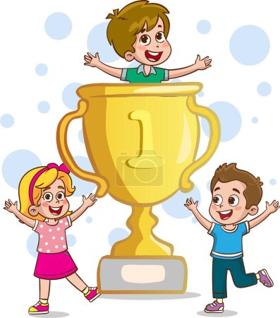 Téléchargez les illustrations : Heureux mignon enfant garçon gagner jeu or trophée - en licence libre de droit