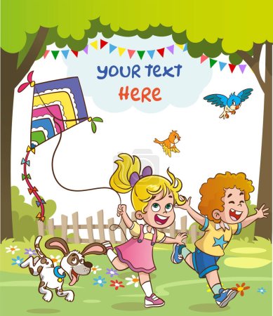 Ilustración de Niños pequeños jugando con su amigo en la naturaleza y sentirse feliz.kids vuelo kites.play tiempo. - Imagen libre de derechos