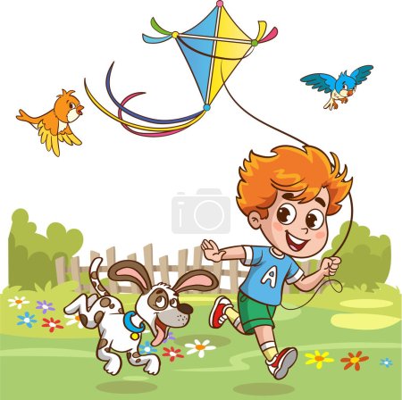 Illustration for Little kids playing with his friend in nature and feeling happy.kids flying kites.play time. - Royalty Free Image
