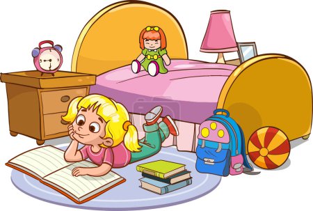 Illustration for Vector illustrations of cartoon cute kids reading a book in his room - Royalty Free Image