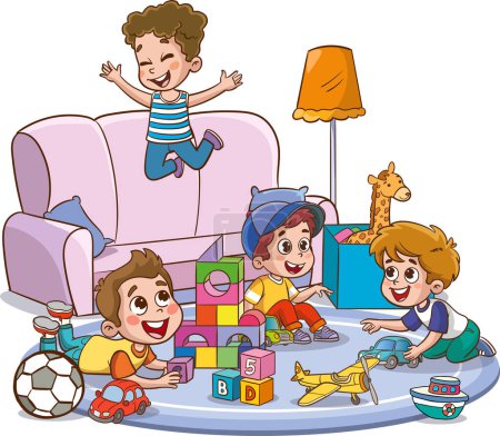 Illustration for Vector illustrations of  cute kids playing in the room - Royalty Free Image