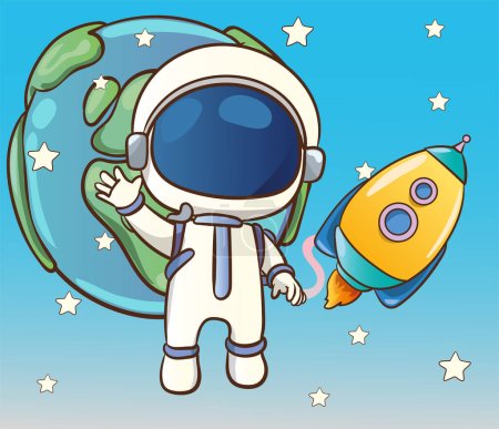 Illustration for Vector illustration of a cute astronaut in outer space and planets and stars in the background. - Royalty Free Image