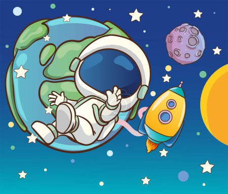 Illustration for Vector illustration of a cute astronaut in outer space and planets and stars in the background. - Royalty Free Image