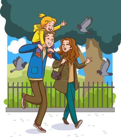Illustration for Happy family having fun time.father carrying his little daughter on his shoulder. - Royalty Free Image
