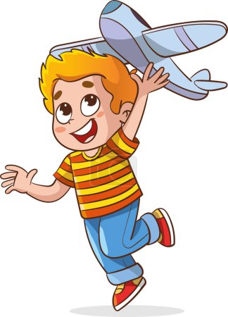 Ilustración de Ilustraciones vectoriales de niño lindo jugando con avión de juguete - Imagen libre de derechos