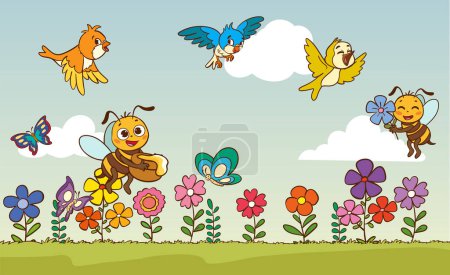 Téléchargez les illustrations : Mignon oiseau heureux abeille buterfly.butterfly abeille et oiseaux dans la nature paysage - en licence libre de droit