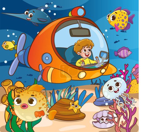 Illustration for Vector illustration cute boy driving submarine - Royalty Free Image