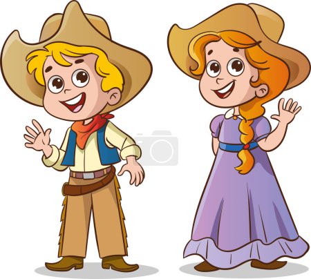 Ilustración de Ilustración de dibujos animados de lindo niño y niña en traje de vaquero - Imagen libre de derechos