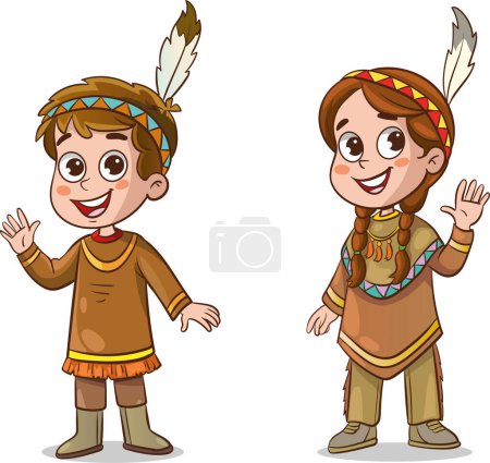 Téléchargez les illustrations : Mignon garçon et fille en costume indigène. Illustration vectorielle de dessin animé. - en licence libre de droit