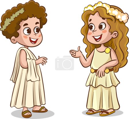 Illustrazione per Ragazzina carina e ragazzo in costume greco antico. Illustrazione vettoriale - Immagini Royalty Free