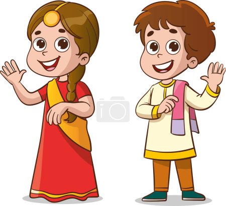 Téléchargez les illustrations : Garçon et fille indiens en vêtements traditionnels. Illustration vectorielle d'un personnage de dessin animé. - en licence libre de droit