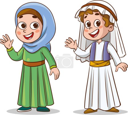 Illustration for Muslim boy and girl in traditional clothes. Vector clip art illustration. - Royalty Free Image